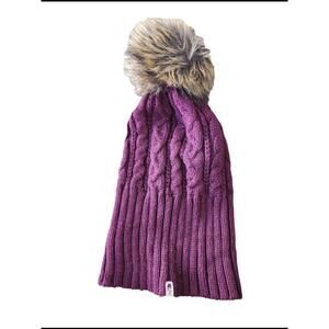 The North Face Oh Mega Beanie Hat Womens Purple Cable Knit Fur Pom Pom